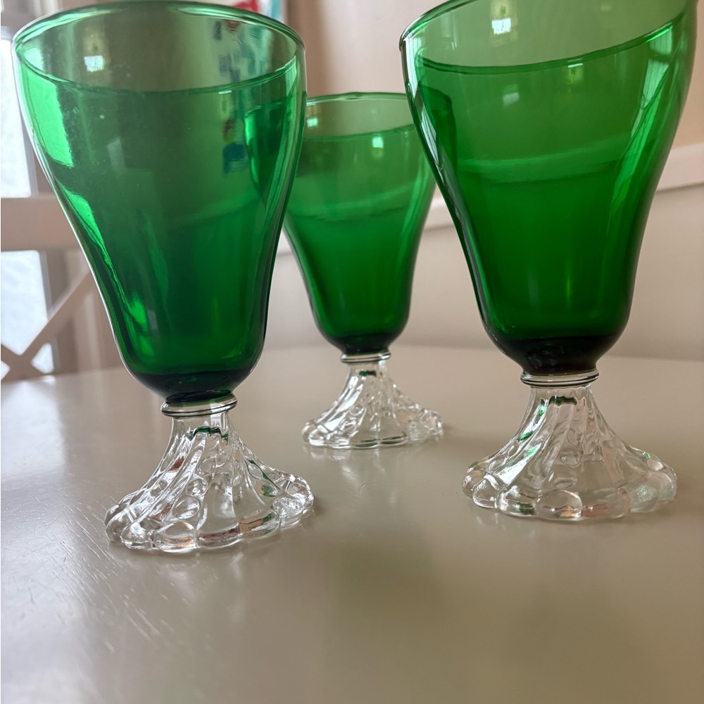 Set of 3 Antique Green Glass Goblets - Picture 4 of 7